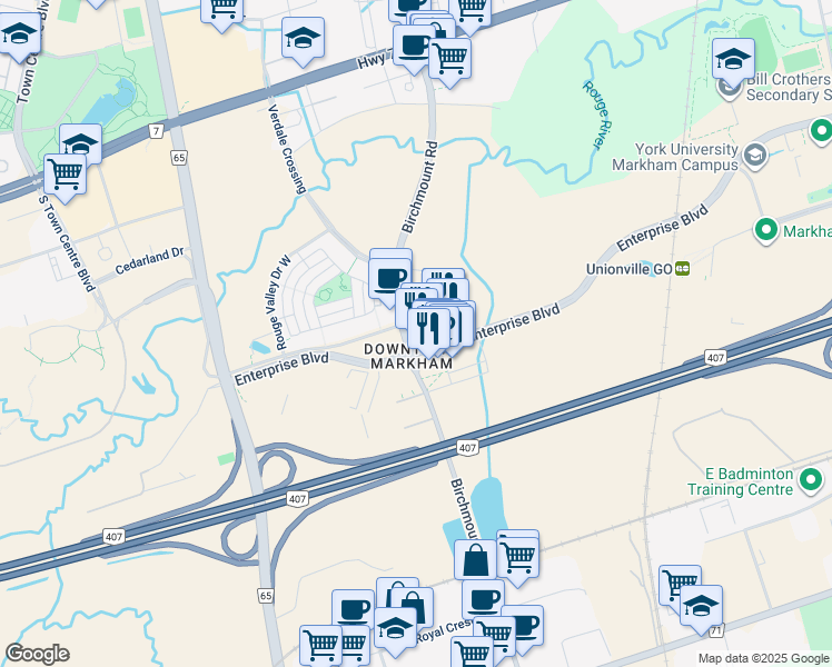 map of restaurants, bars, coffee shops, grocery stores, and more near 8081 Birchmount Road in Markham
