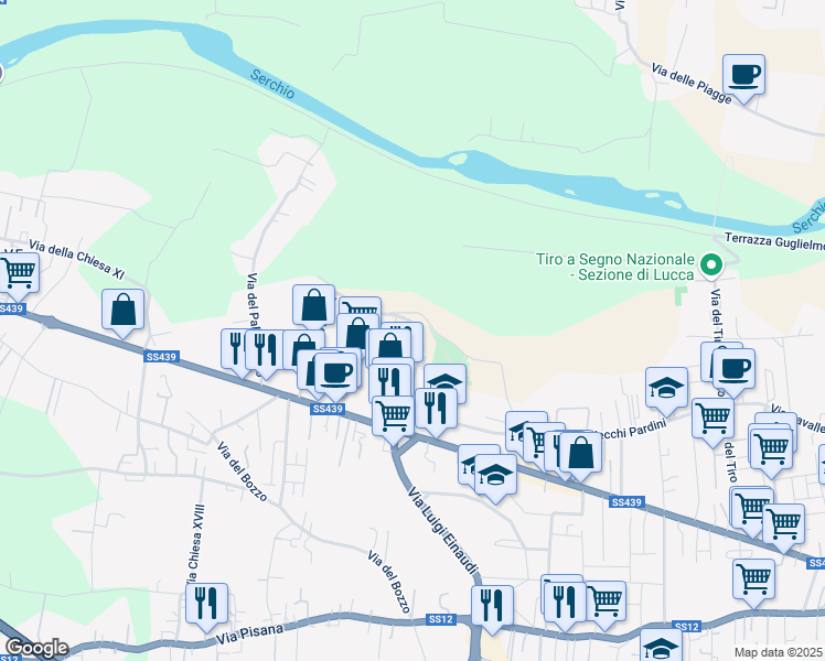 map of restaurants, bars, coffee shops, grocery stores, and more near Via del Poggetto in Lucca