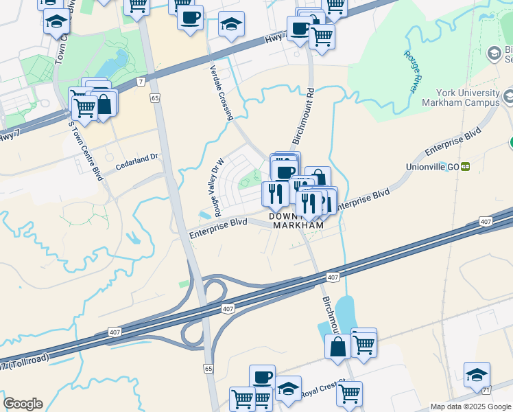 map of restaurants, bars, coffee shops, grocery stores, and more near in Markham