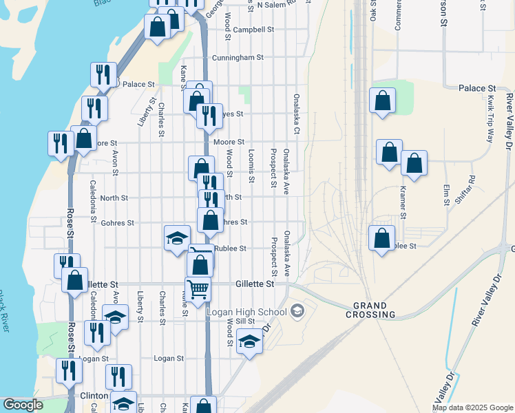 map of restaurants, bars, coffee shops, grocery stores, and more near 1811 Prospect Street in La Crosse