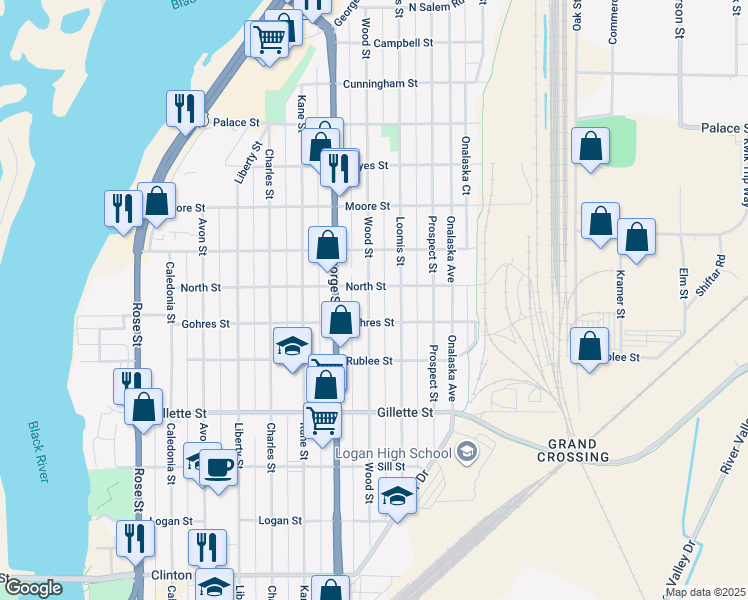 map of restaurants, bars, coffee shops, grocery stores, and more near 1317 Gohres Street in La Crosse