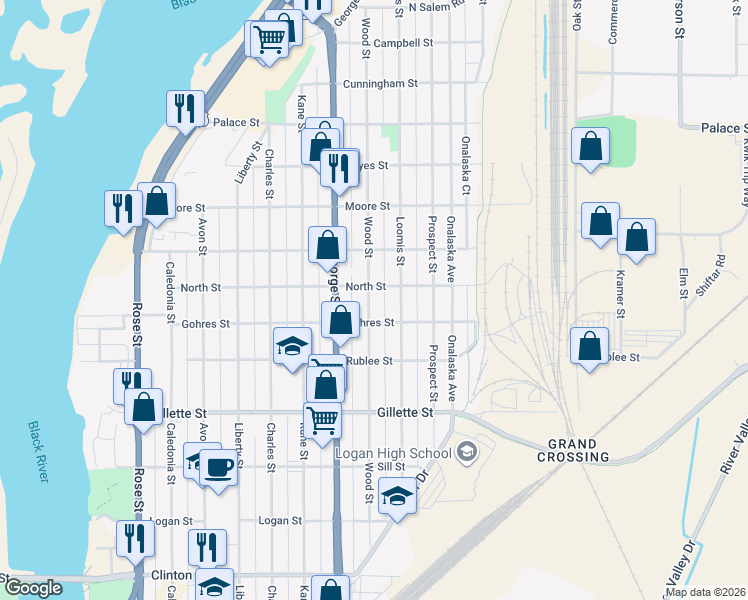 map of restaurants, bars, coffee shops, grocery stores, and more near 1820 Wood Street in La Crosse