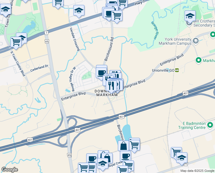 map of restaurants, bars, coffee shops, grocery stores, and more near in Markham
