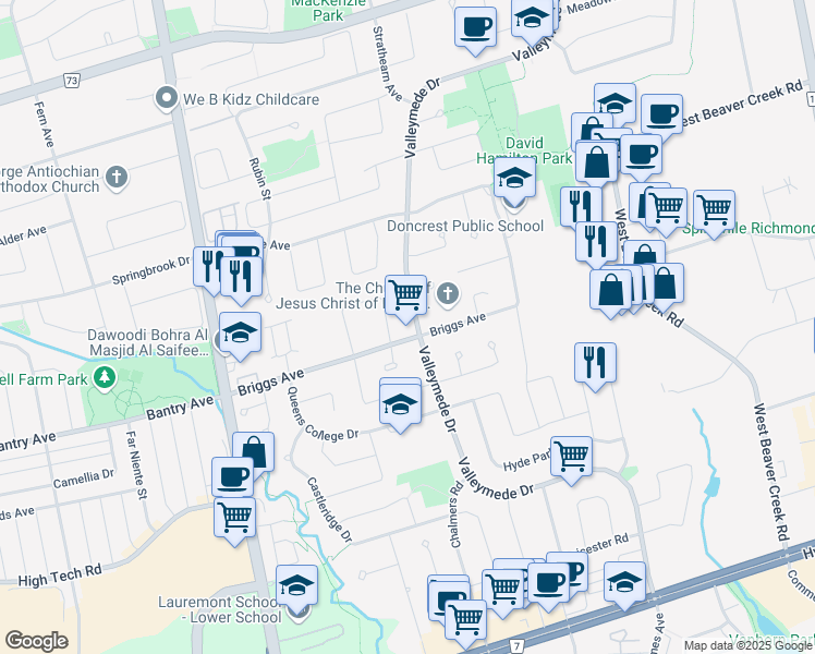 map of restaurants, bars, coffee shops, grocery stores, and more near 200 Valleymede Drive in Richmond Hill