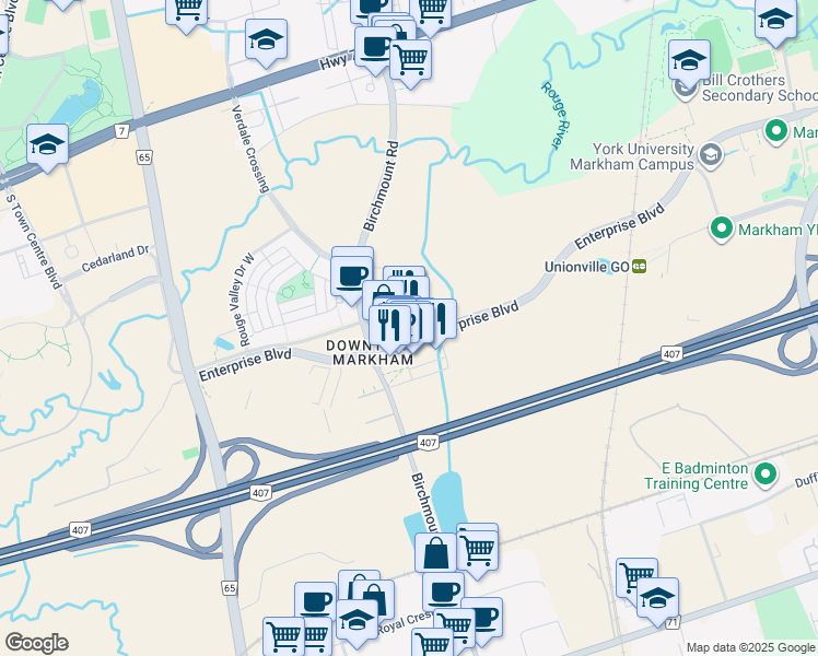 map of restaurants, bars, coffee shops, grocery stores, and more near 179 Enterprise Boulevard in Markham