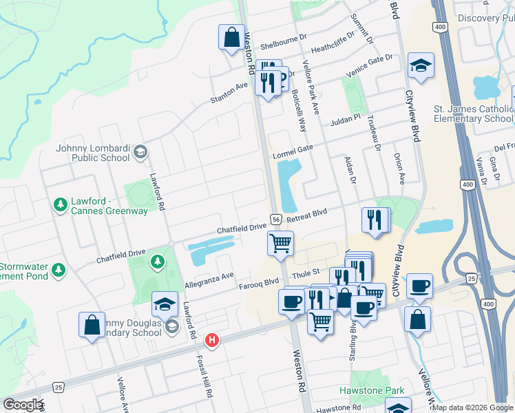 map of restaurants, bars, coffee shops, grocery stores, and more near 246 Wardlaw Place in Vaughan