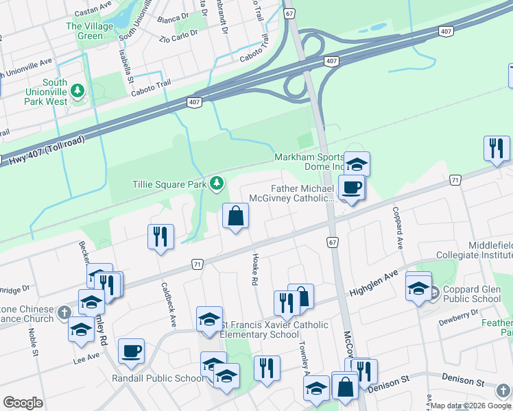 map of restaurants, bars, coffee shops, grocery stores, and more near 15 Boxhill Road in Markham