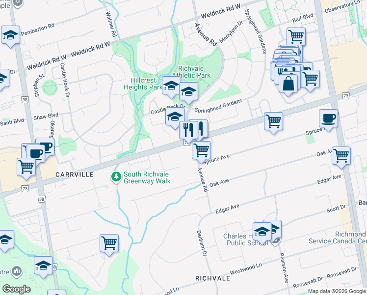 map of restaurants, bars, coffee shops, grocery stores, and more near 415 Carrville Road in Richmond Hill