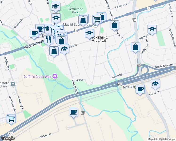 map of restaurants, bars, coffee shops, grocery stores, and more near 71 Georgina Drive in Ajax