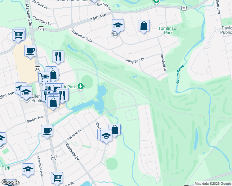 map of restaurants, bars, coffee shops, grocery stores, and more near 55 Denison Street in Markham