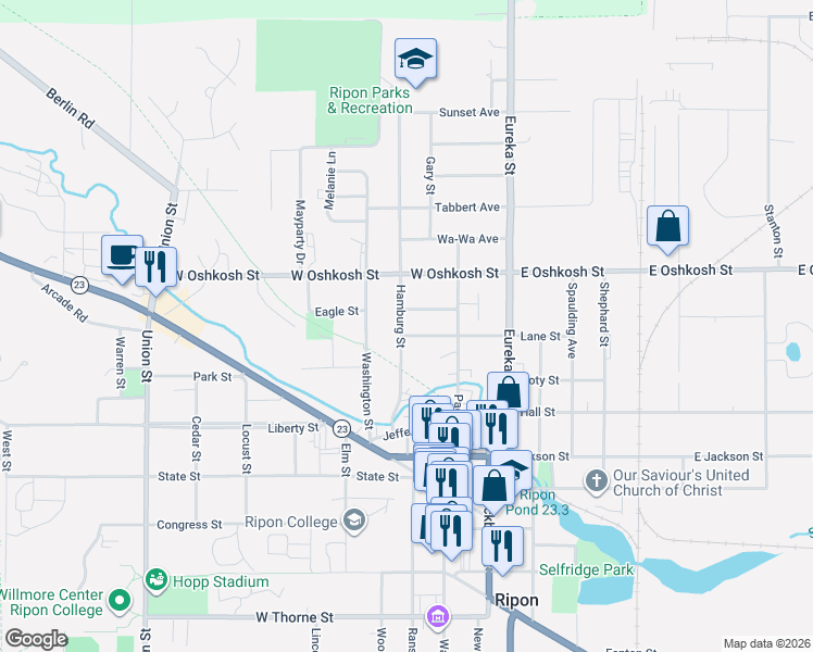 map of restaurants, bars, coffee shops, grocery stores, and more near 317 Hamburg Street in Ripon