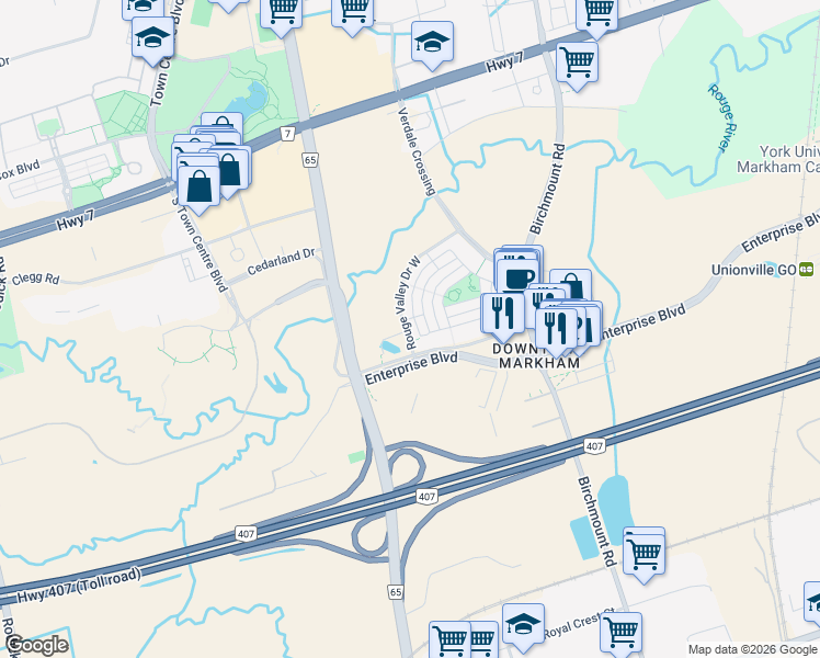 map of restaurants, bars, coffee shops, grocery stores, and more near 27 Rouge Valley Drive in Markham
