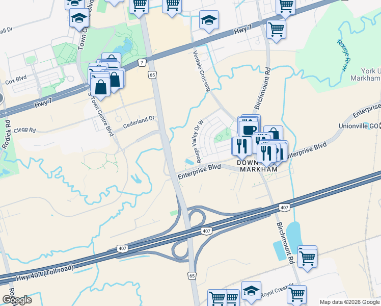 map of restaurants, bars, coffee shops, grocery stores, and more near 10 Rouge Valley Drive West in Markham