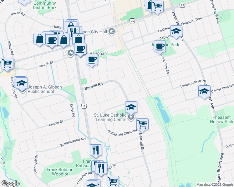 map of restaurants, bars, coffee shops, grocery stores, and more near 49 Cherhill Drive in Vaughan