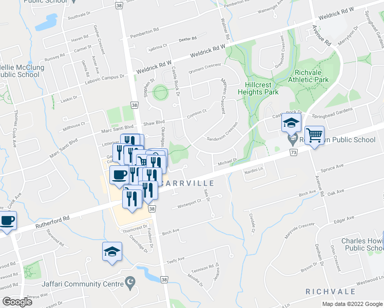 map of restaurants, bars, coffee shops, grocery stores, and more near 8 Aranka Court in Richmond Hill