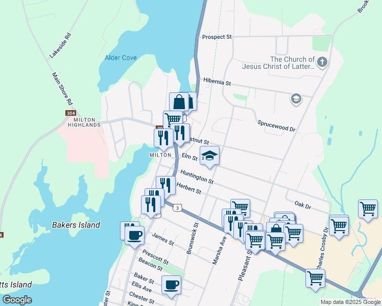 map of restaurants, bars, coffee shops, grocery stores, and more near 6 Elm Street in Yarmouth
