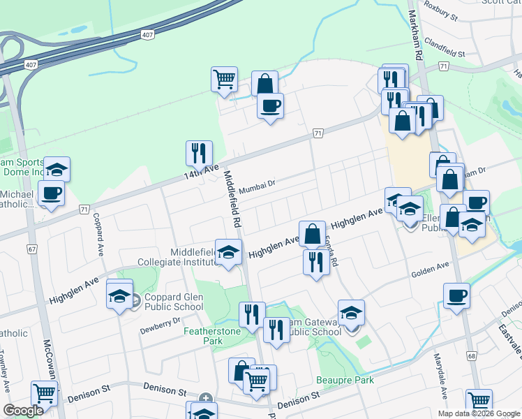 map of restaurants, bars, coffee shops, grocery stores, and more near Middlefield Road in Markham