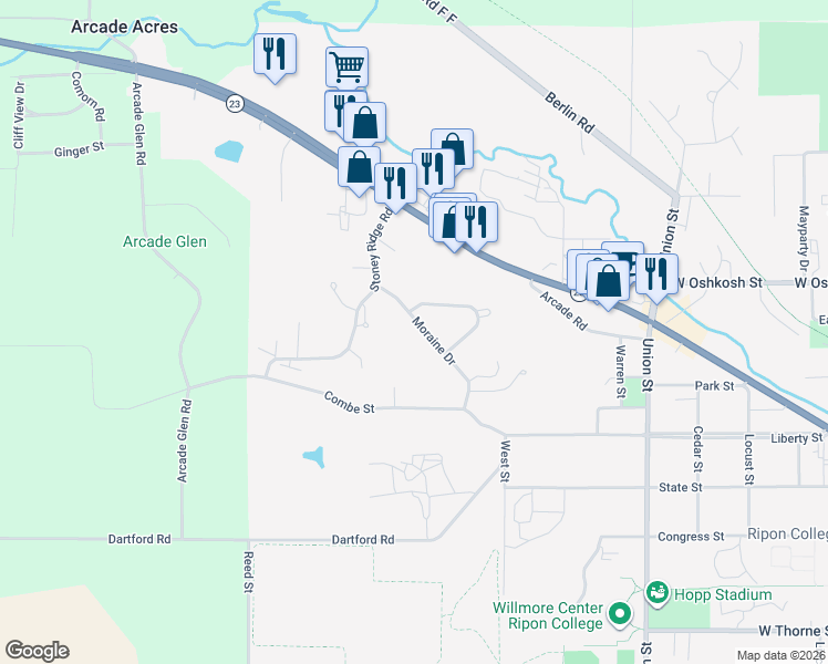map of restaurants, bars, coffee shops, grocery stores, and more near 266 Moraine Drive in Ripon