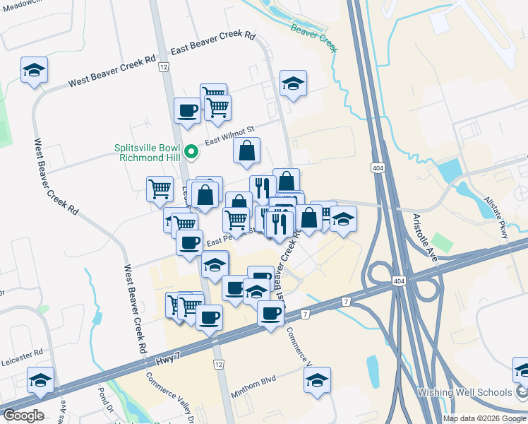 map of restaurants, bars, coffee shops, grocery stores, and more near 40 East Pearce Street in Richmond Hill