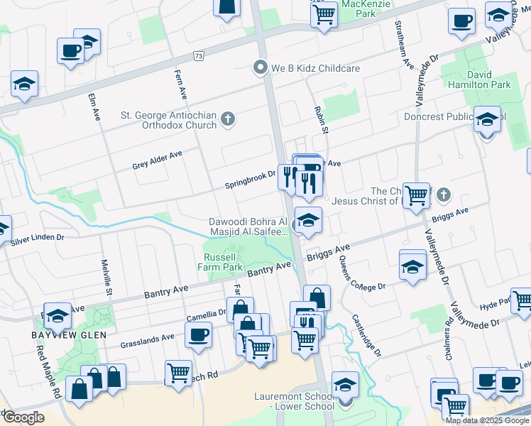 map of restaurants, bars, coffee shops, grocery stores, and more near 40 Green Ash Crescent in Richmond Hill
