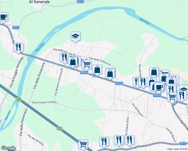 map of restaurants, bars, coffee shops, grocery stores, and more near 160 Via dei Pellegrini in Lucca