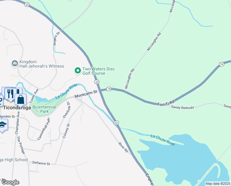 map of restaurants, bars, coffee shops, grocery stores, and more near 30 Fort Ti Road in Ticonderoga