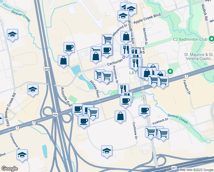 map of restaurants, bars, coffee shops, grocery stores, and more near 15 Allstate Parkway in Markham