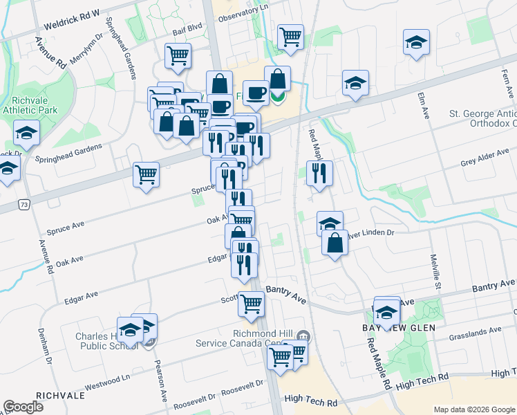 map of restaurants, bars, coffee shops, grocery stores, and more near 19 Northern Heights Drive in Richmond Hill