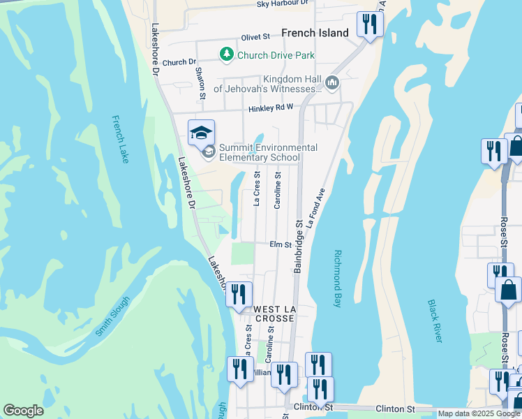 map of restaurants, bars, coffee shops, grocery stores, and more near 1713 Caroline Street in La Crosse