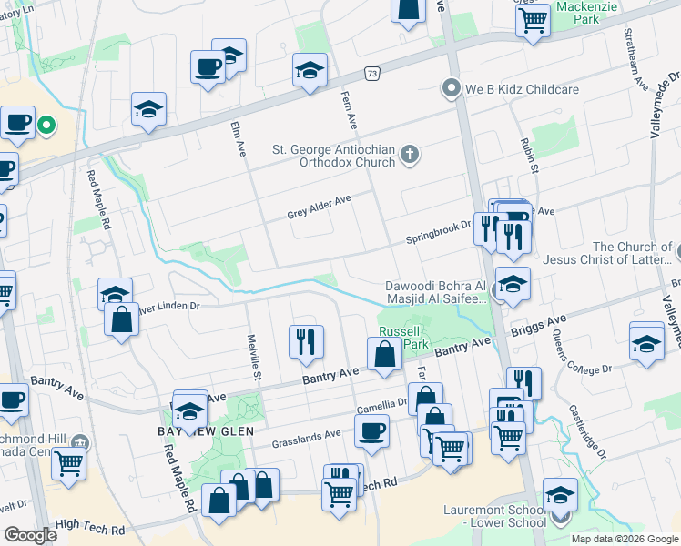 map of restaurants, bars, coffee shops, grocery stores, and more near 6 White Oak Crescent in Richmond Hill
