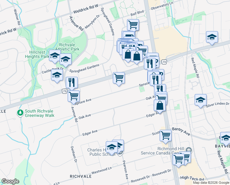 map of restaurants, bars, coffee shops, grocery stores, and more near Spruce Avenue in Richmond Hill