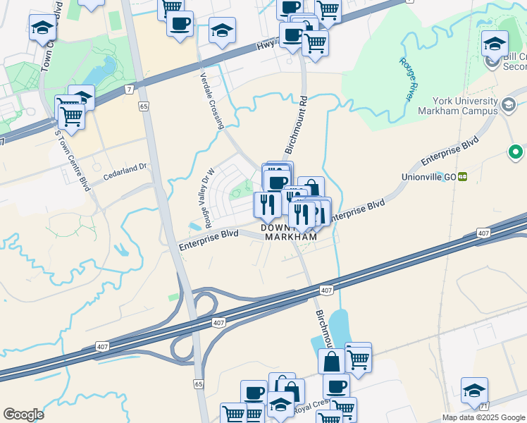 map of restaurants, bars, coffee shops, grocery stores, and more near 162 Enterprise Boulevard in Markham