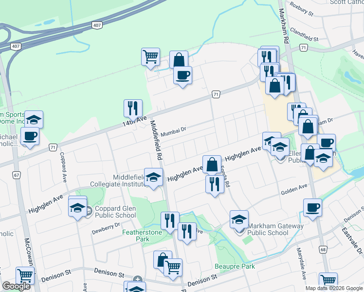 map of restaurants, bars, coffee shops, grocery stores, and more near 75 Robert Eaton Avenue in Markham