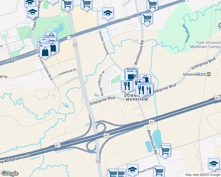 map of restaurants, bars, coffee shops, grocery stores, and more near 2 Bonnycastle Road in Markham
