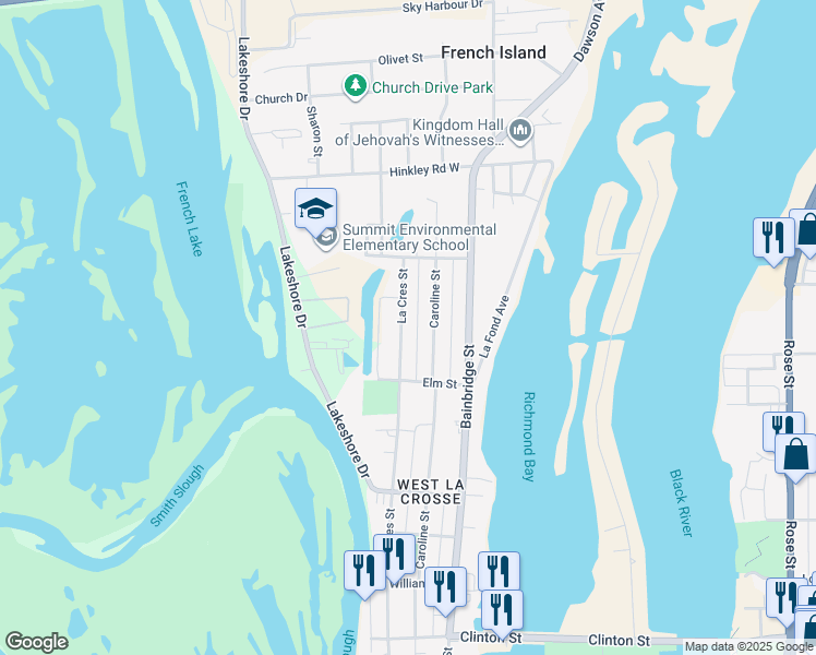 map of restaurants, bars, coffee shops, grocery stores, and more near 1713 Caroline Street in La Crosse