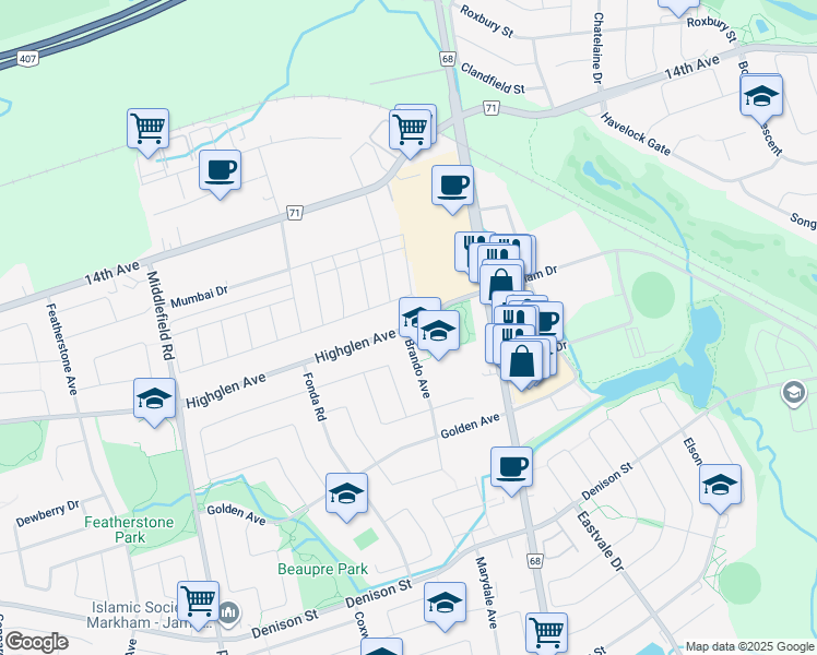 map of restaurants, bars, coffee shops, grocery stores, and more near Highglen Avenue in Markham