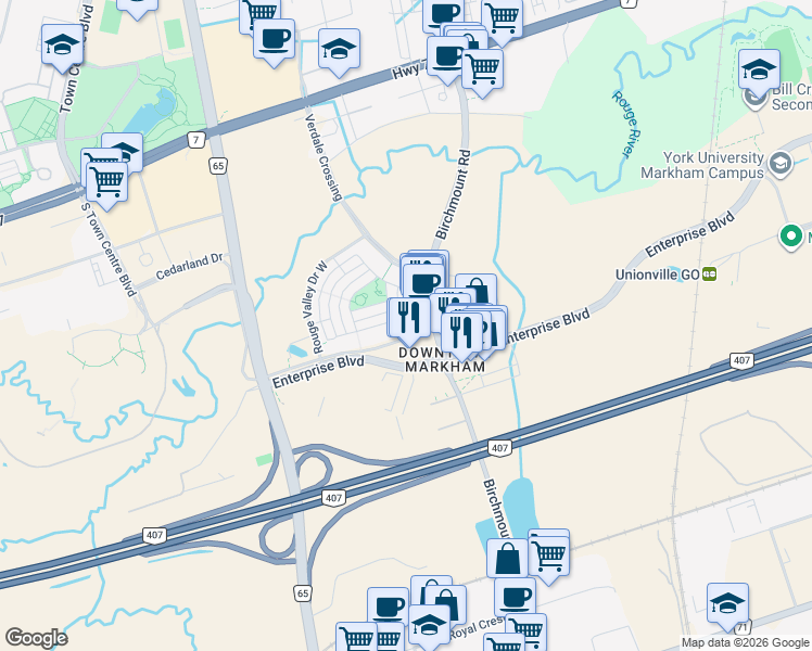 map of restaurants, bars, coffee shops, grocery stores, and more near 57 Upper Duke Crescent in Markham