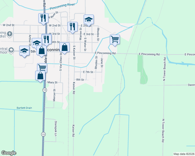 map of restaurants, bars, coffee shops, grocery stores, and more near 700-898 Rhodes St in Pinconning