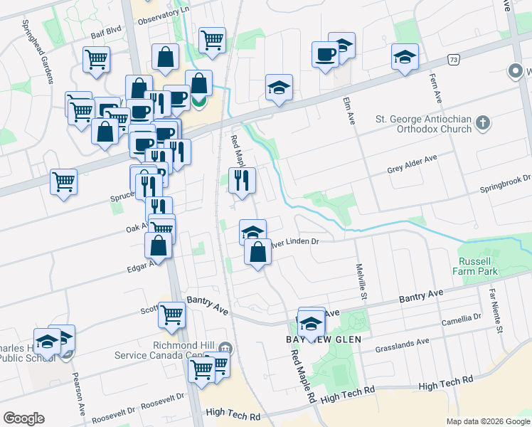 map of restaurants, bars, coffee shops, grocery stores, and more near 71 Levellands Crescent in Richmond Hill