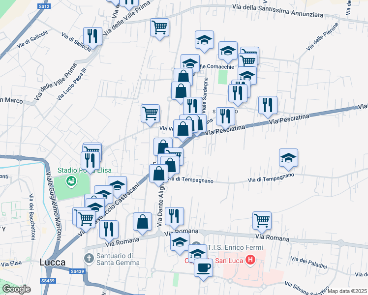map of restaurants, bars, coffee shops, grocery stores, and more near 589 Via Vecchia Pesciatina in Lucca