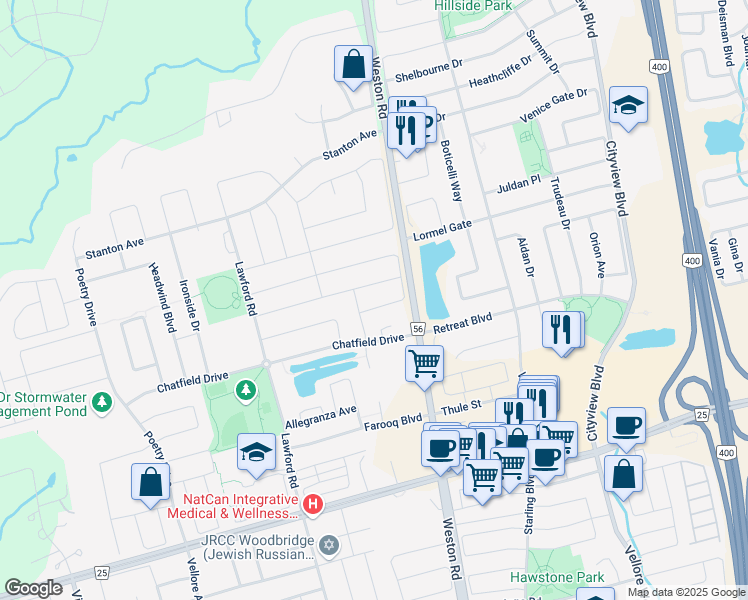 map of restaurants, bars, coffee shops, grocery stores, and more near 261 Wardlaw Place in Vaughan