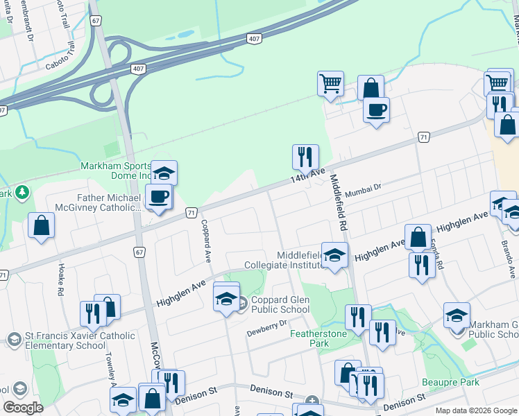 map of restaurants, bars, coffee shops, grocery stores, and more near 56 Quantum Street in Markham