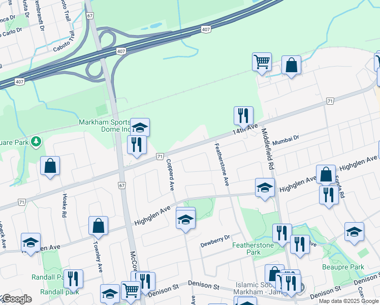 map of restaurants, bars, coffee shops, grocery stores, and more near 40 Quantum Street in Markham