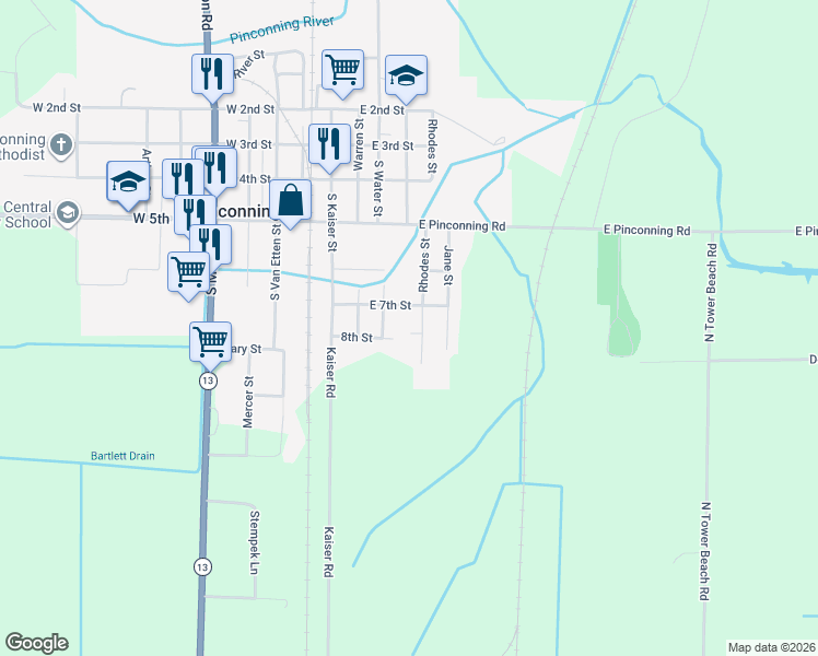 map of restaurants, bars, coffee shops, grocery stores, and more near 420 East 7th Street in Pinconning