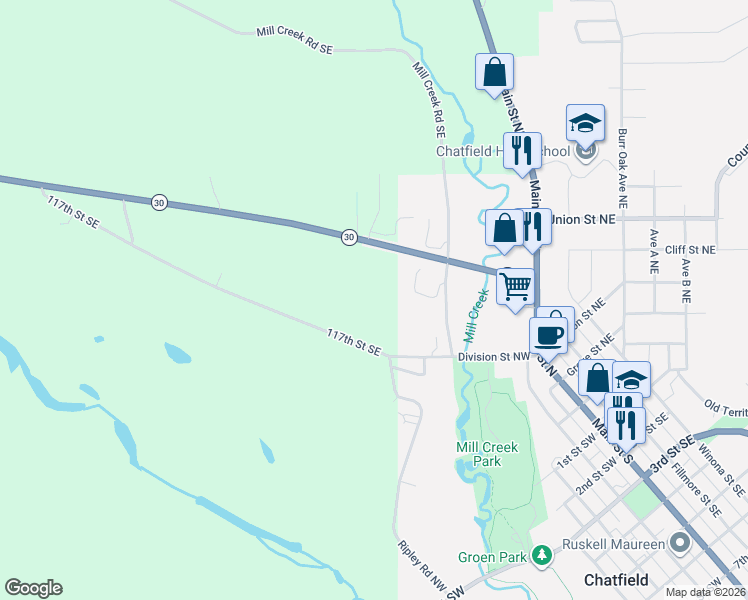 map of restaurants, bars, coffee shops, grocery stores, and more near 273 Mill Creek Road Southeast in Chatfield