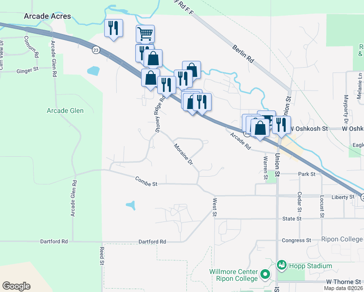 map of restaurants, bars, coffee shops, grocery stores, and more near 269 Moraine Drive in Ripon