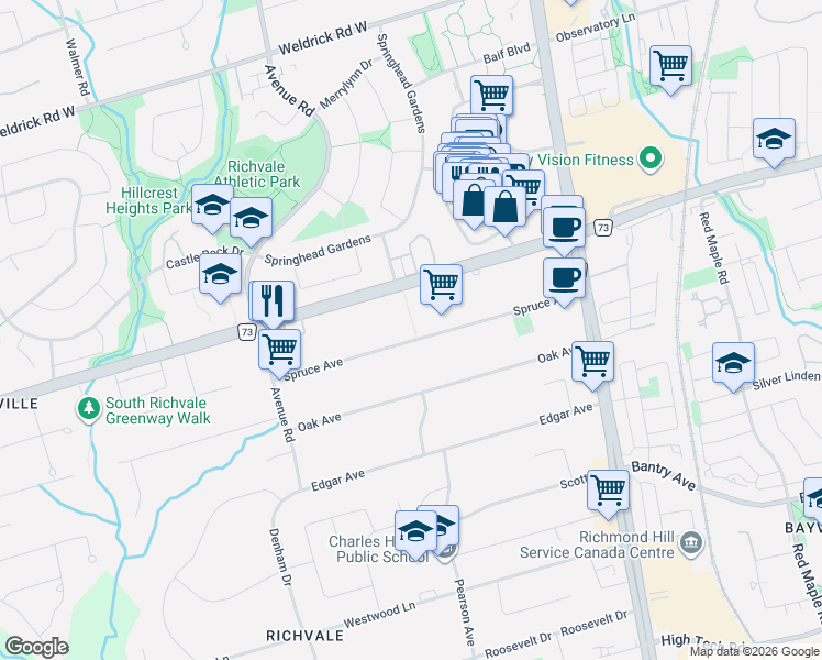 map of restaurants, bars, coffee shops, grocery stores, and more near 76 Spruce Avenue in Richmond Hill