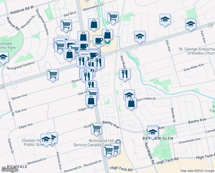 map of restaurants, bars, coffee shops, grocery stores, and more near 29 Northern Heights Drive in Richmond Hill