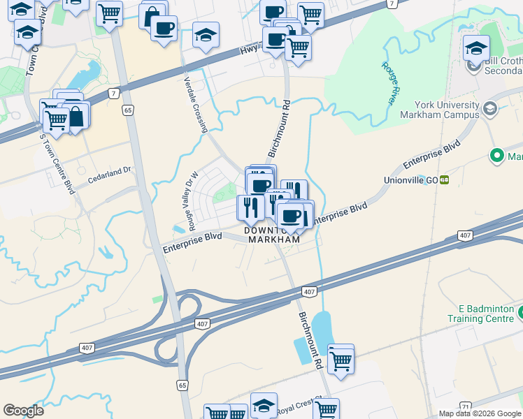map of restaurants, bars, coffee shops, grocery stores, and more near 8110 Birchmount Road in Markham
