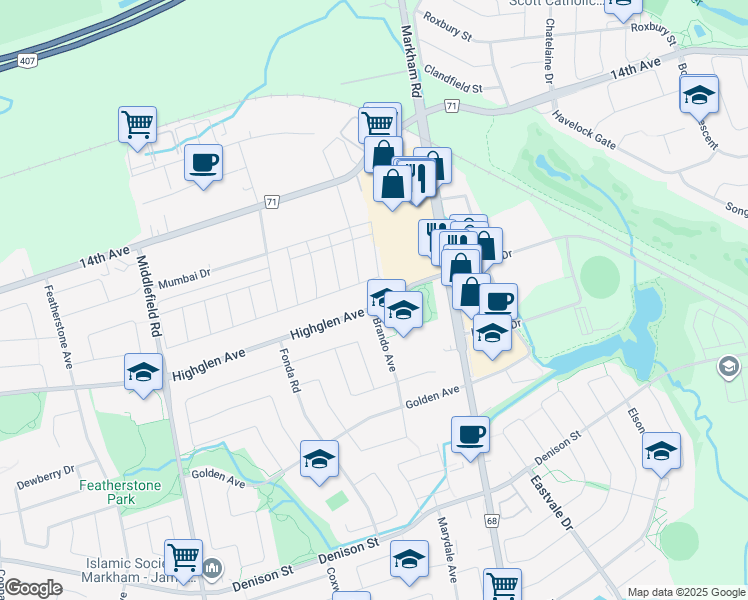 map of restaurants, bars, coffee shops, grocery stores, and more near 7650 Markham Road in Markham